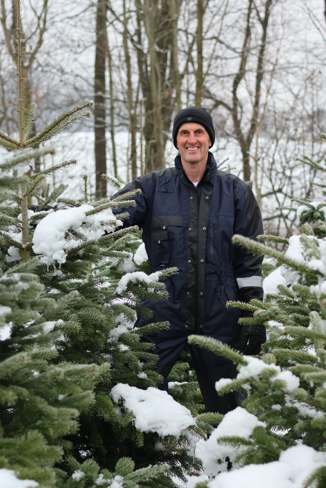 Freundliches Porträt in der verschneiten Christbaumkultur